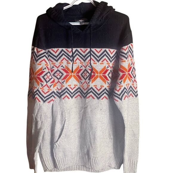 Mountain Ridge Men’s XL Knit Hoodie Sweater Gray Black Fair Isle Nordic Print - Picture 2 of 6